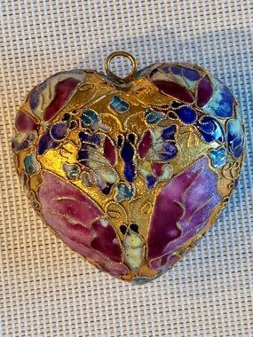 Enamel Cloisonné Heart Butterfly Motif - Purple & Gold